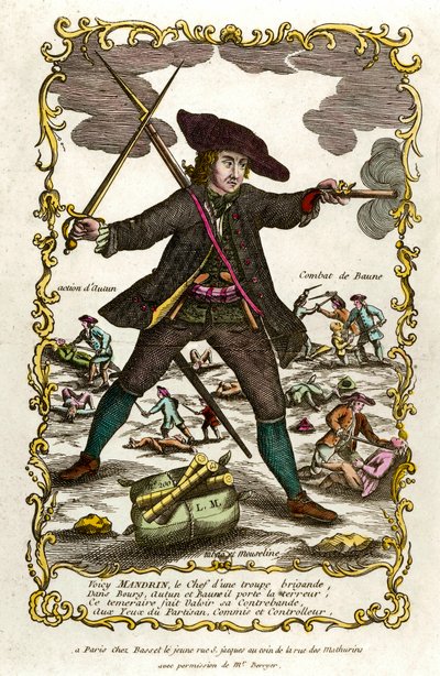 Portret van de Franse bandiet Louis Mandrin (ca. 1725-1755). Achter hem, de actie van Autun en het gevecht van Baune. Gravure uit de 18e eeuw. Privécollectie door Unknown artist