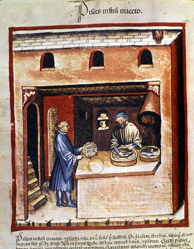 Bereiding van zeevis in azijn. Illustratie uit de melk van geneeskunde en diëtetiek "Tacuinum sanitatis" door Unknown artist
