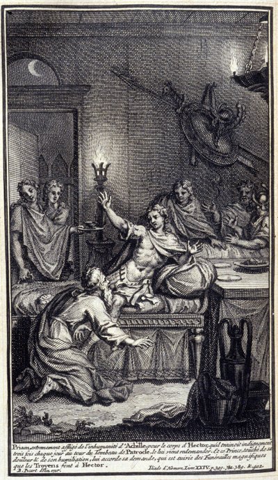 Priamus, zeer bedroefd door de onmenselijkheid van Achilles, voor het lichaam van Hector, dat hij elke dag drie keer rond het graf van Patroclus sleepte, komt hem opnieuw vragen. En deze prins, geraakt door zijn pijn en vernedering, verleent hem zijn verzo door Unknown artist