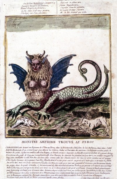 Voorstelling van een monster gevonden in een meer in Peru: het heeft een menselijk gezicht, hoorns, drakenvleugels, een leeuwenmanen, een reptielenlichaam, een vrouwenborst. Populaire prent uit de 18e eeuw. door Unknown artist