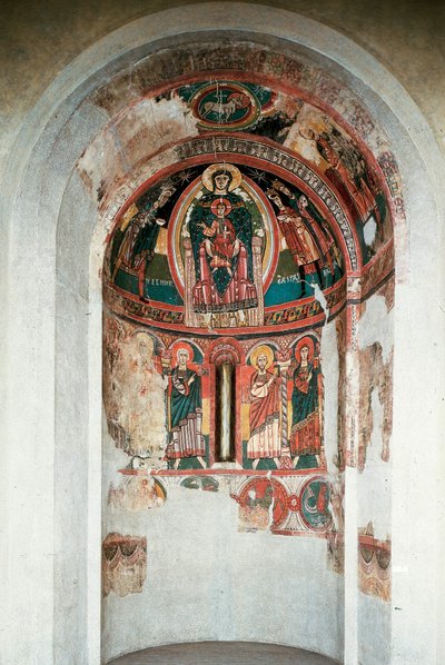 Voorstelling van de Maagd en het Kind omringd door de Wijzen. Fresco uit de centrale apsis van de kerk van Santa Maria in Taull. Rond 1123. Barcelona. Nationaal Museum voor Kunst van Catalonië door Unknown artist