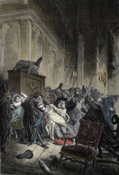 Weergave van de dood van Jean-Baptiste Poquelin, bekend als Molière (1622-1673), overlijden door longcongestie tijdens een voorstelling van "De ingebeelde zieke" op 17/02/1673 door Unknown artist