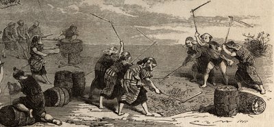 Rijstteelt: laatste stap, met behulp van de bloem en molen worden de rijstkorrels gescheiden van hun stengel en schil, en vervolgens zorgvuldig opgeslagen in gevlochten strodozen. Gravure ter illustratie van de reis naar Japan in 1863-1864, door Aime Humb door Unknown artist