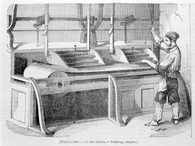 Koninklijke Tabaksfabriek: Groothandel zeven van tabak. Gravure uit de 19e eeuw. door Unknown artist