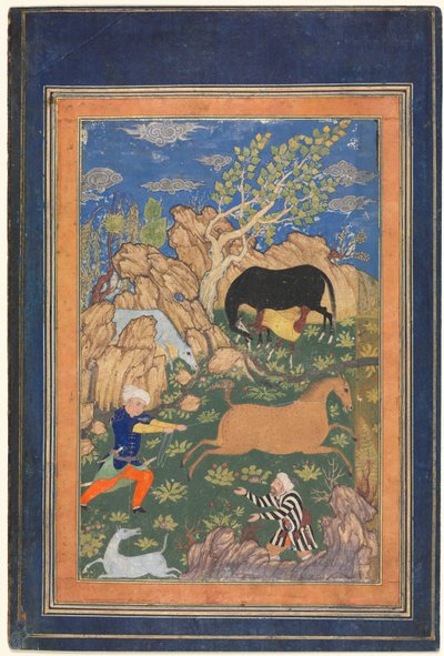 Rustam die zijn paard, Rakhsh, in een landschap lasso