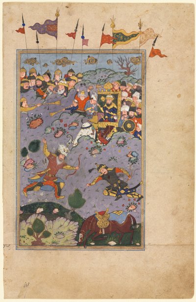 Rustam ontmoet de Uitdaging van Ashkabus, uit een Shah-nama (Boek der Koningen) van Firdausi (Perzisch, circa 934-1020) door Unknown artist
