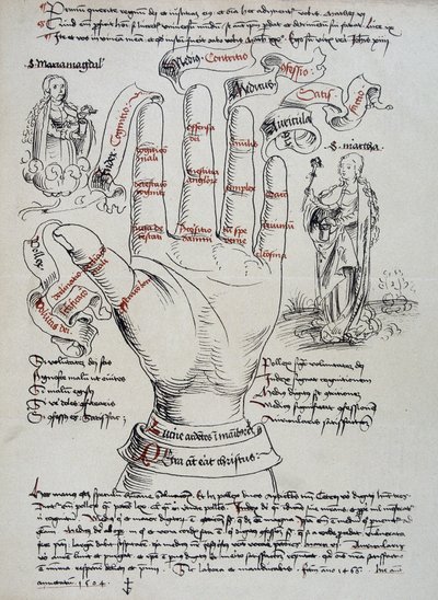 Sint Brigitte, met haar gaven als visionair, wordt aangeroepen om de sterfdatum van een persoon te weten, door de lijnen van de hand te lezen. Sint Maria Magdalena en Martha verschijnen aan weerszijden van de hand. door Unknown artist