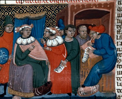 Scène van een proces. Miniatuur uit de Codex Justinianus, een verzameling wetten en instellingen gepubliceerd onder de Romeinse keizer Justinianus I van Byzantium (483-565) door Unknown artist