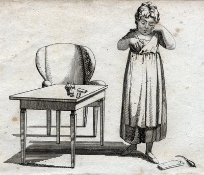 Schoolmeisje dat haar huiswerk probeert te maken. Gravure eind 18e eeuw. Privécollectie. door Unknown artist