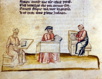 Wetenschappers die studeren in een klooster. Miniatuur uit het Frans-Italiaanse manuscript "Entree d