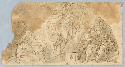 Halfcirkelvormige figuurscène met centrale figuur mogelijk opstijgend door Unknown artist
