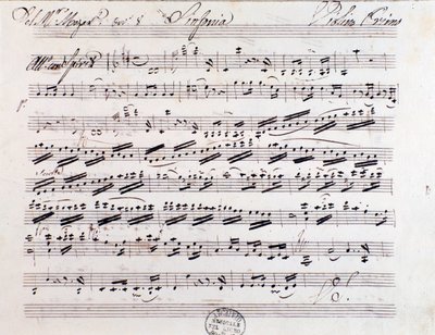 Bladmuziekpagina voor de eerste viool in Symfonie nr. 7, door Mozart door Unknown artist
