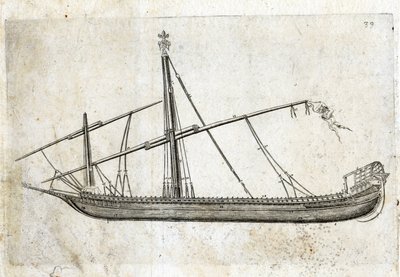 Zijaanzicht van een galei. Gravure uit de 18e eeuw. door Unknown artist