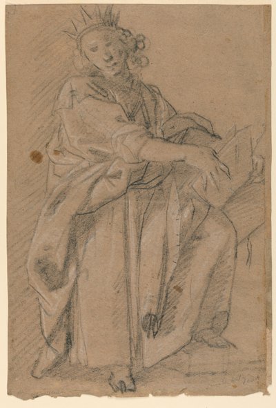 Schets van een staande gekroonde figuur met een boek door Unknown artist