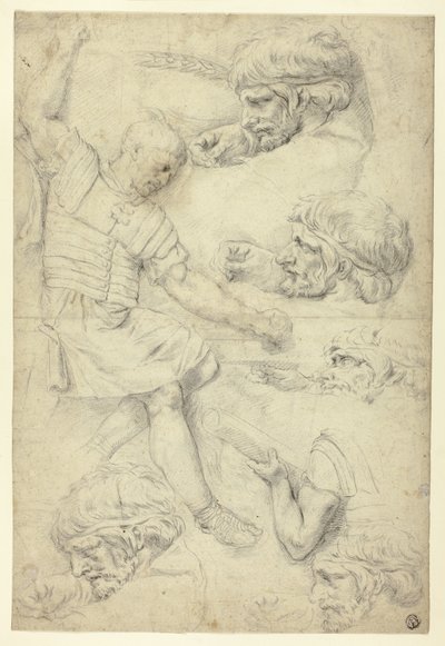 Schetsen van soldaat, hoofden, van Romeins reliëf (recto); Schetsen van mannelijke naakten, van Romeins reliëf (verso) door Unknown artist