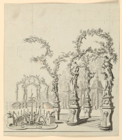 Toneelontwerp: Tuinarchitectuur met fontein en sculpturen door Unknown artist