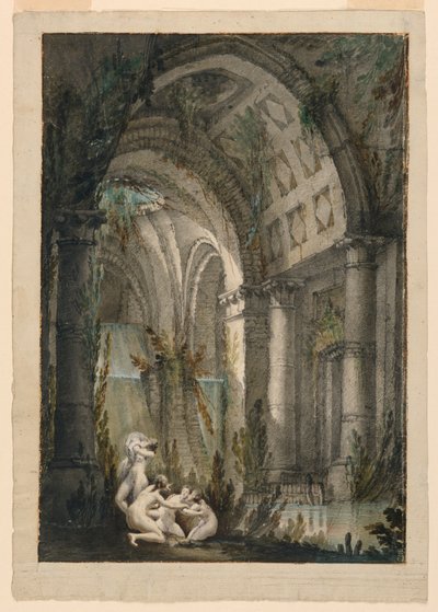 Toneelontwerp, nimfen baden in een grot door Unknown artist