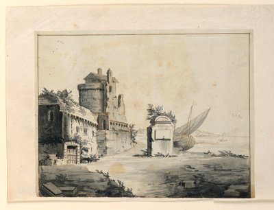 Toneelontwerp, ruïnes nabij de kust door Unknown artist