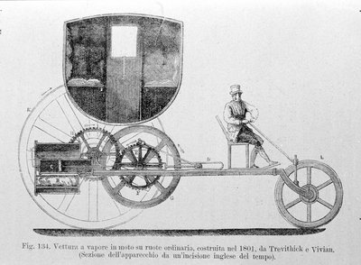 Stoomauto gemonteerd op de gewone, gebouwd in 1801 door Trevithick en Vivian. Gravure uit de 19e eeuw door Unknown artist