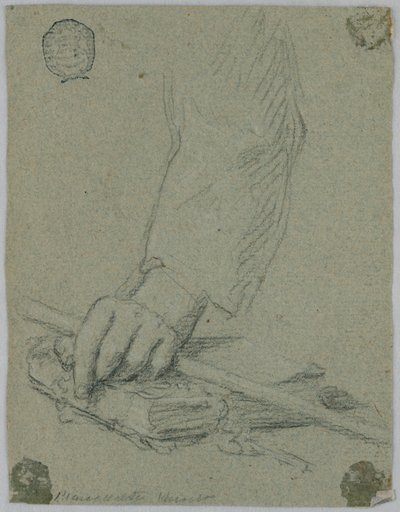 Studie: de linkerhand van een jonge man die een stok vasthoudt en rust op een boek door Unknown artist