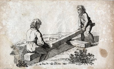 Schommel: twee kinderen op een schommel. Gravure eind 18e eeuw. Privécollectie. door Unknown artist