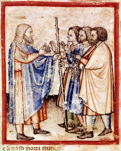 Tamar presenteert Juda het zegel, het koord en de stok die hij als onderpand had achtergelaten, miniatuur uit codex 212 (of padovano codice of Bijbel van Padua) 1390-1400 (perkament) door Unknown artist