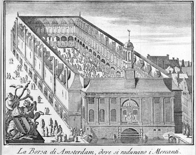 De Amsterdamse Beurs waar kooplieden samenkomen. 18e-eeuwse gravure door Unknown artist