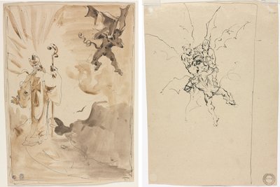 De Bisschop en de Demon (recto); Drie Demonen die een Ridder Vasthouden (verso) door Unknown artist