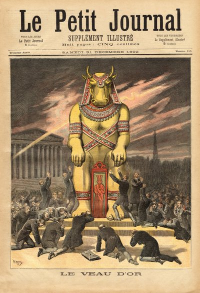 De Franse afgevaardigden, voor de trappen van de Nationale Vergadering, knielend om het gouden kalf te aanbidden, symbool van afgoderij en materialisme, de illustratie getuigt van de misleiding van de spaarders die ontdekten dat hun geld alleen werd gebrui door Unknown artist