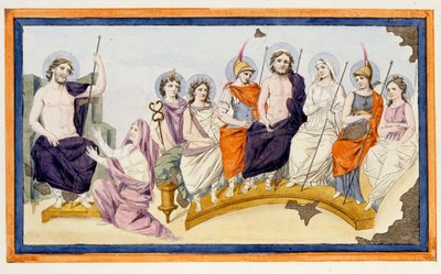 De goden van Olympus en links Thetis, de moeder van Achilles, knielt voor Zeus (Jupiter) om hem te smeken haar zoon te helpen tegen Agamemnon en de Trojanen te steunen. L