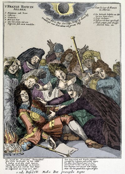 De koning viel flauw en de hovelingen omringen hem, treurend: spot op de revers van Lodewijk XIV in Nederland en Italië in 1706 door Unknown artist