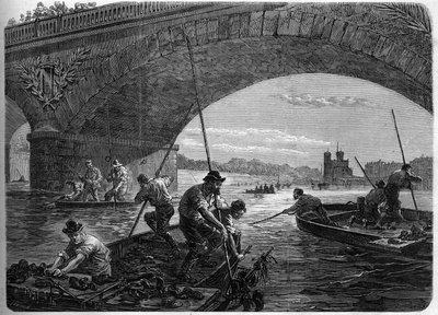 De Parijse Commune in 1871. Vissen naar wapens die door de Federes (communards) in de Seine zijn gegooid onder de Austerlitz-brug tijdens het laatste debat van de commune. door Unknown artist