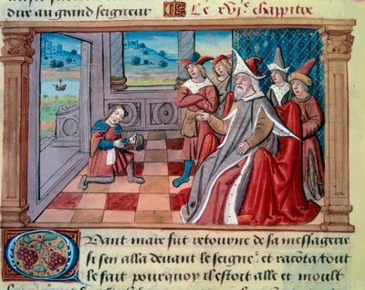 De Venetiaanse navigator Marco Polo (1254-1324) voor de grote Qubilai (Kubilai Khan, eerste keizer van de Mongoolse Yuan-dynastie (1215-1294). Miniatuur uit 