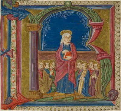 De Maagd aanbeden door heiligen in een historische initiaal "R" uit een Antifonarium door Unknown artist