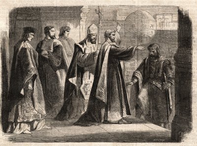 De aartsbisschop Sint Ambrosius van Milaan (Aurelius Ambrosius, Ambrogio di Milano (340-397) verbood de toegang tot de kerk aan de Romeinse keizer Theodosius I (Flavius Theodosius) (347-395) om hem te straffen voor het bloedbad van Thessaloniki in 390 - Ex door Unknown artist