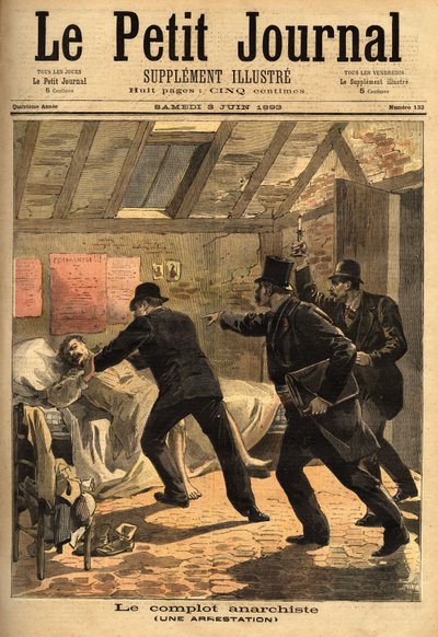 De arrestatie van een anarchist in Parijs en het element van een samenzwering en dynamietcaches. Gravure in "Le petit journal" 3/06/1893. Selva