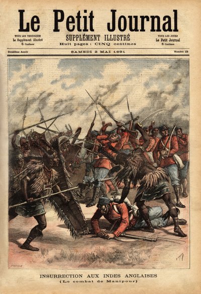 De slag bij Manipur (of Manipur) (noordoost India), van 24 tot 26 april 1891, waar Britse koloniale troepen en rebellen van Maharajah Kullachandra Singh (overleden in ballingschap in 1934), op de troon sinds 1890, zijn broer Surchandra Singh (regeerde 1886 door Unknown artist