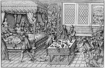 De dood van Hendrik II (1519-1559), koning van Frankrijk, in het Palais des Tournelles in Parijs, 30 juni door Unknown artist