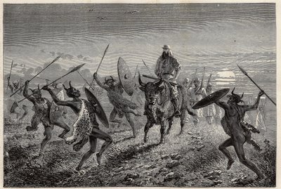 De escorte toegewezen aan de reiziger Baker, voert een fantasia uit voordat hij vertrekt naar het Albertmeer (of Albert Nyanza). Gravure om de reis naar het Albertmeer van 1861-1864 te illustreren, door Sir Samuel White Baker, in 