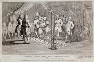 De eerste en tweede opzichters leggen de ontvanger op de kist getekend in de loge. De Grootmeester staat achter hen met een hamer. De drie mannen bedekt met een laken zijn ontvangers die nog niet de omhelzing van de Grootmeester hebben ontvangen. Ceremonie door Unknown artist