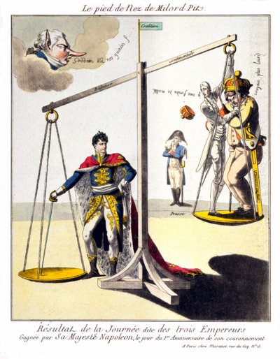De voet van de neus van Milord Pit - Het resultaat van de zogenaamde Dag van de Drie Keizers - Gewonnen door Zijne Majesteit Napoleon, op de dag van de 1e verjaardag van zijn kroning. Cartoon over Napoleon I en de 3e coalitie (Britannië vertegenwoordigd do door Unknown artist