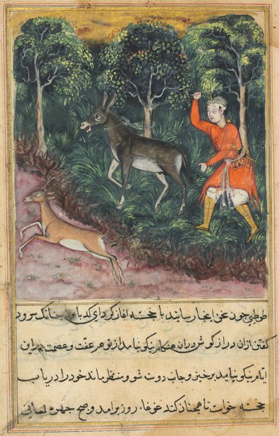 De tuinman grijpt en slaat een ezel die bleef balken, terwijl het hert, zijn metgezel, naar veiligheid vlucht, uit een Tuti-nama (Verhalen van een Papegaai): Eenenveertigste Nacht door Unknown artist