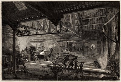 De vervaardiging van de rails in de oude smederijen van Le Creusot, de stalen strips, wit van de hitte, worden uitgerekt in rails tussen de walsen. Gravure ter illustratie van een reis naar de Creusot en de mijnen van Saone en Loire, in 1865, door L. Simon door Unknown artist