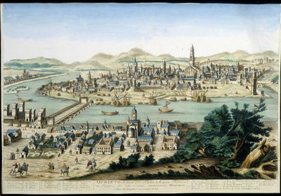 De haven en stad Sevilla - gravure uit de 18e eeuw. door Unknown artist