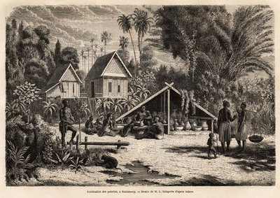 De productie van aardewerk in Saniaboury (Laos). Gravure ter illustratie van de ontdekkingsreis in Indochina, door Francis Garnier, luitenant de Vaissseau, in 1866-1868, gepubliceerd in 