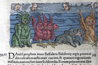 De profeet Daniël ziet monsters verschijnen: Haniel, Kafziel, Azriel, Aniel. Gravure uit 