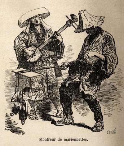 De poppenshow en de muzikant die hem begeleidt voor straatentertainment. Gravure ter illustratie van de reis naar Japan, door Aime Humbert, minister van de Zwitserse Confederatie, in 1863-1864, gepubliceerd in 