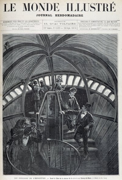 Het bezoek aan de binnenkant van het hoofd van het Vrijheidsbeeld op de Wereldtentoonstelling - in "The Illustrated World" van 28/09/1878 door Unknown artist