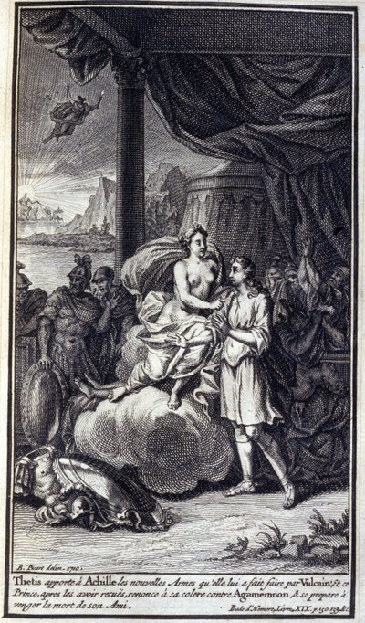 Thetis brengt Achilles de nieuwe wapens die zij door Vulcanus voor hem heeft laten maken; en deze prins, nadat hij ze heeft ontvangen, doet afstand van zijn woede tegen Agamemnon en bereidt zich voor om de dood van zijn vriend te wreken. Illustratie van bo door Unknown artist