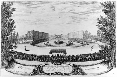 Derde dag: theater opgezet in het midden van de Grote Vijver, voorstellende het eiland van Alcine... Gravure 1676 door Unknown artist
